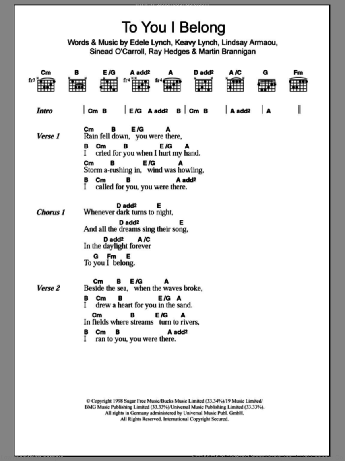 To You I Belong sheet music for guitar (chords) by Bewitched, Edele Lynch, Keavy Lynch, Lindsay Armaou, Martin Brannigan and Ray Hedges, intermediate skill level