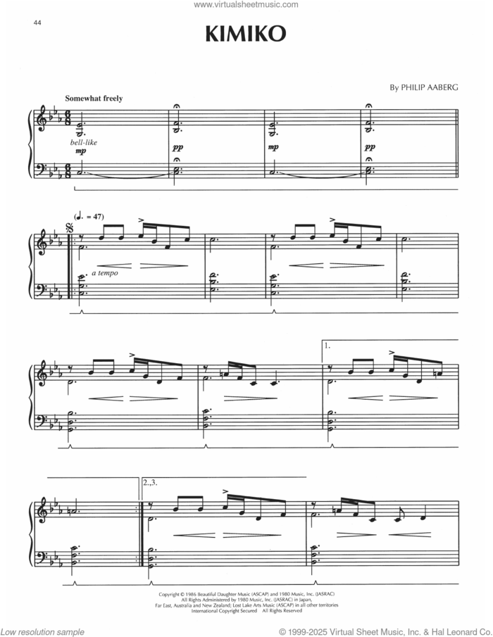 Kimiko (from The Story Of Naomi Uemura) sheet music for piano solo by Philip Aaberg, intermediate skill level