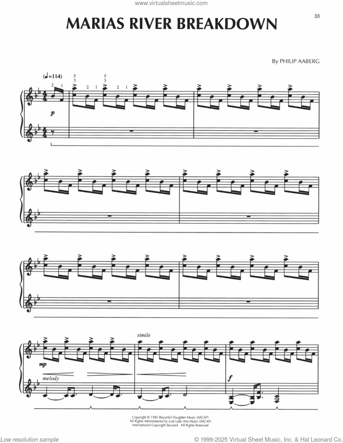 Marias River Breakdown sheet music for piano solo by Philip Aaberg, intermediate skill level