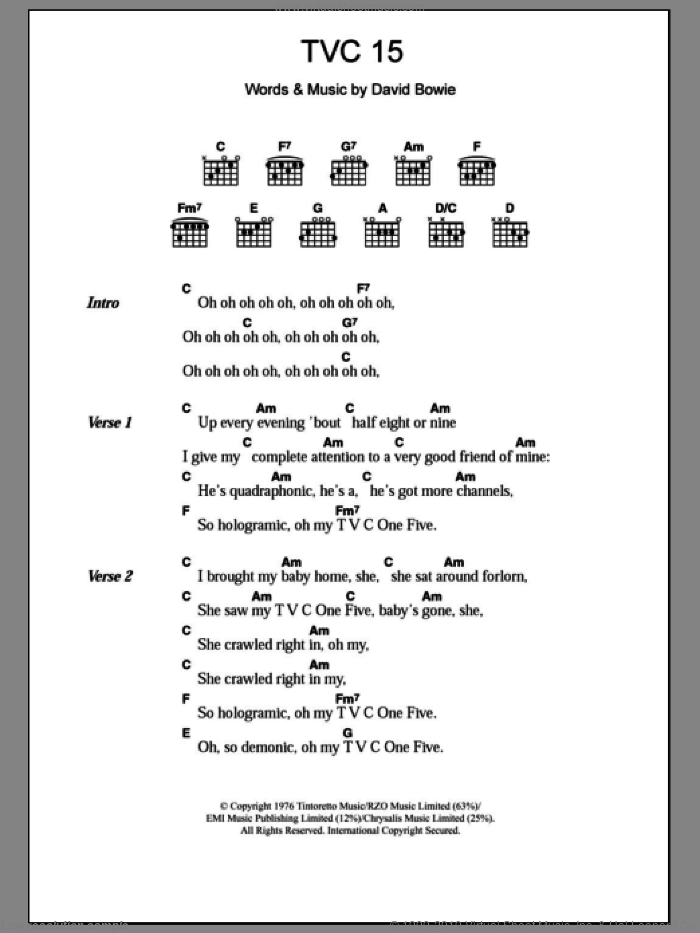 TVC 15 sheet music for guitar (chords) by David Bowie, intermediate skill level
