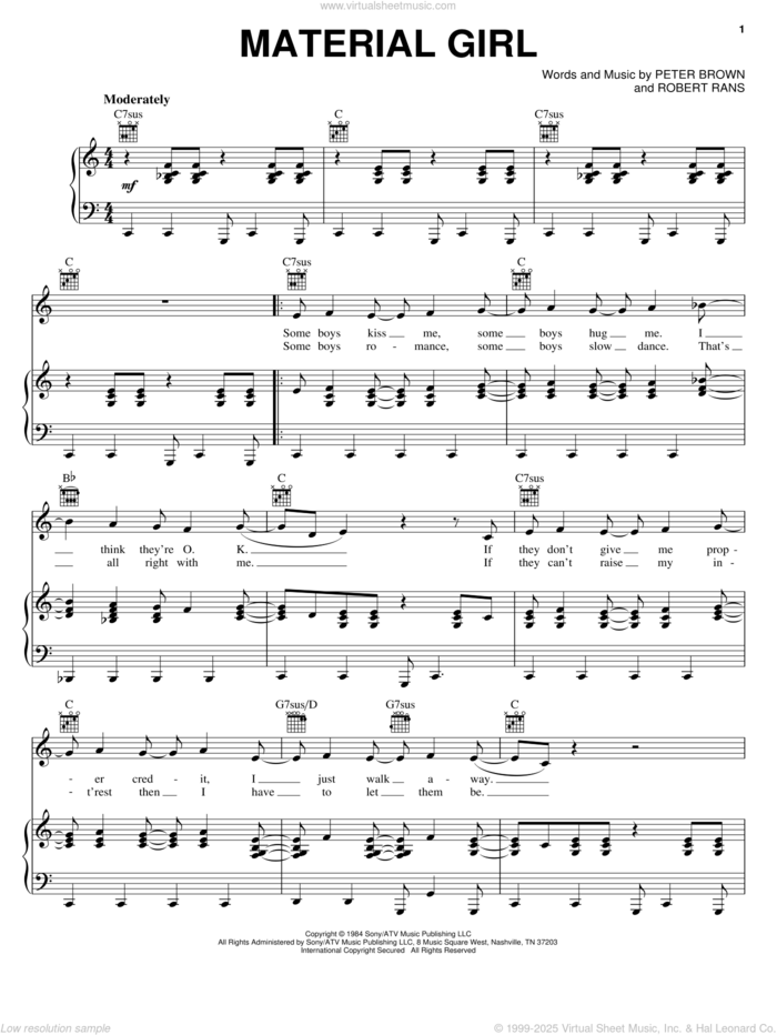 Material Girl sheet music for voice, piano or guitar by Madonna, Pete Brown and Robert Rans, intermediate skill level