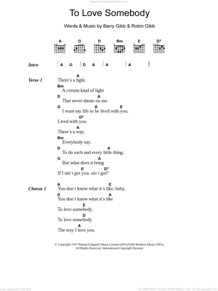 To Love Somebody sheet music for guitar (chords) by Bee Gees, Barry Gibb and Robin Gibb, intermediate skill level