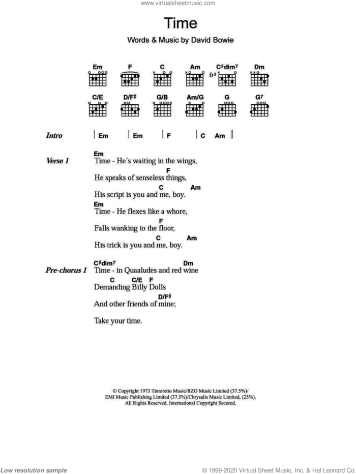 Time sheet music for guitar (chords) by David Bowie, intermediate skill level