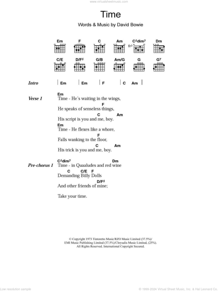 Time sheet music for guitar (chords) by David Bowie, intermediate skill level