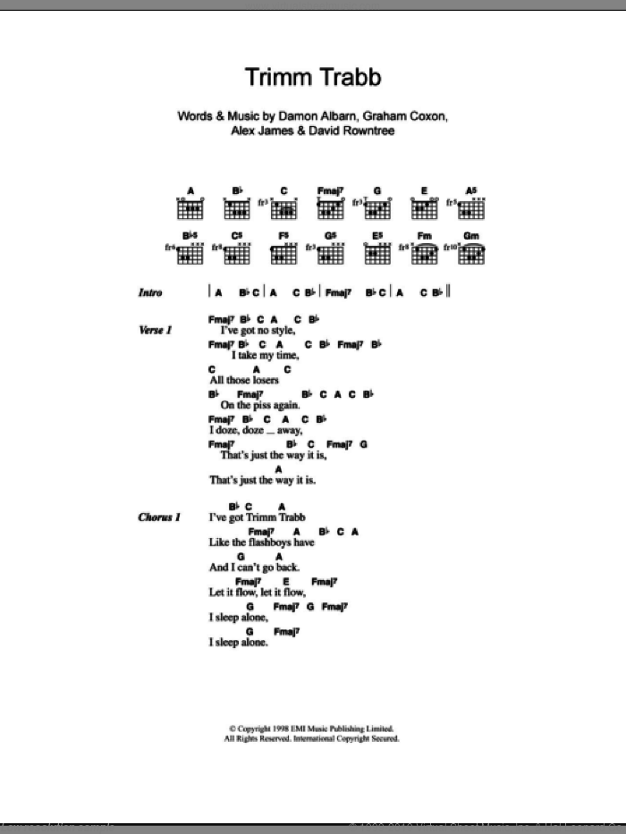 Trimm Trabb sheet music for guitar (chords) by Blur, Alex James, Damon Albarn, David Rowntree and Graham Coxon, intermediate skill level