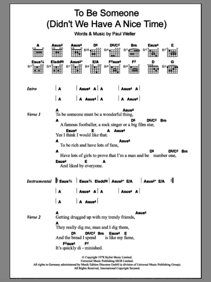 To Be Someone (Didn't We Have A Nice Time) sheet music for guitar (chords) by The Jam and Paul Weller, intermediate skill level