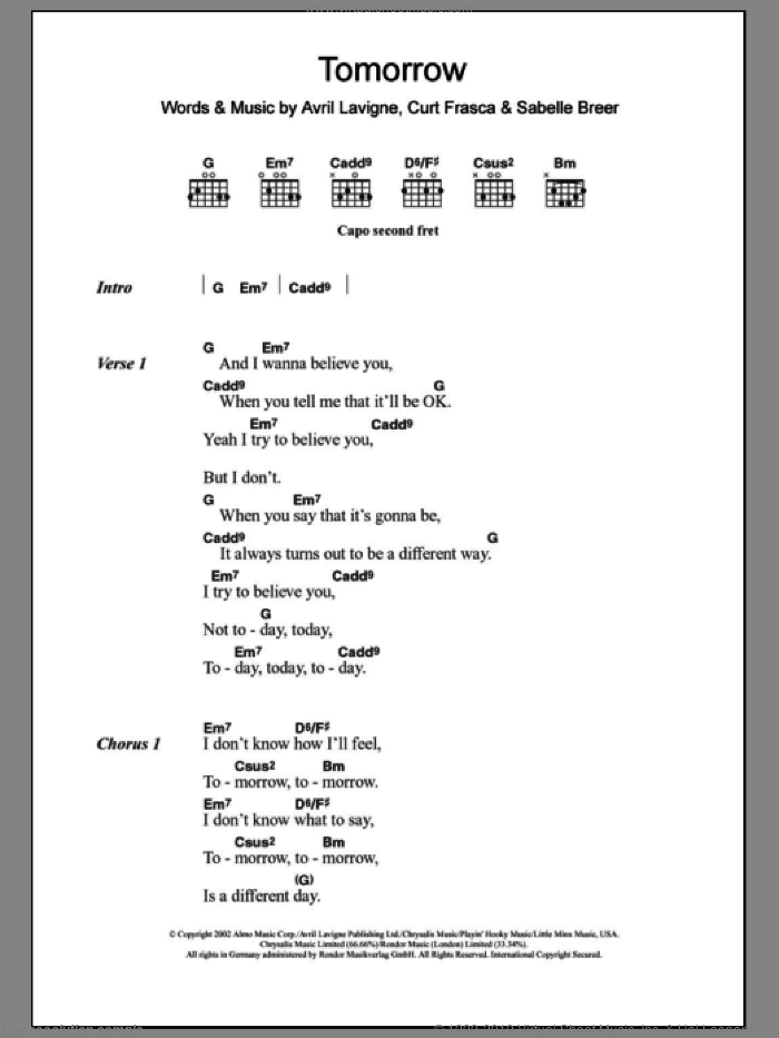 Tomorrow sheet music for guitar (chords) by Avril Lavigne, Curt Frasca and Sabelle Breer, intermediate skill level