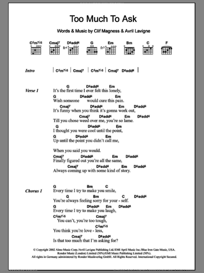 Too Much To Ask sheet music for guitar (chords) by Avril Lavigne and Clif Magness, intermediate skill level