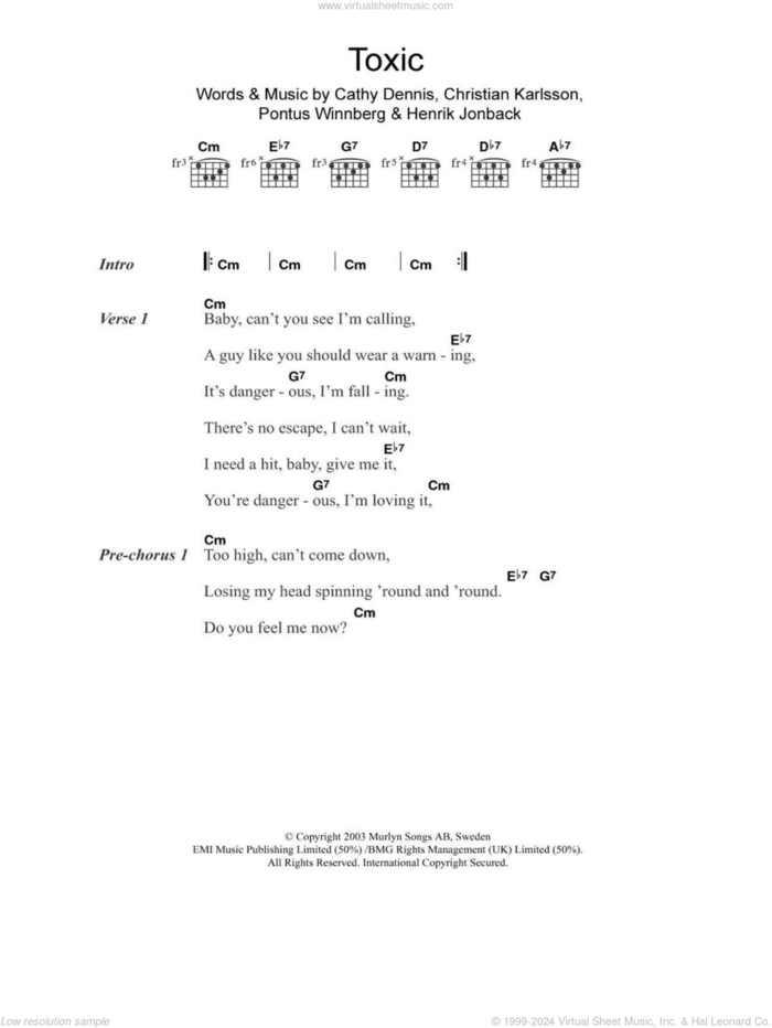 Toxic sheet music for guitar (chords) by Britney Spears, Cathy Dennis, Christian Karlsson, Henrik Jonback and Pontus Winnberg, intermediate skill level