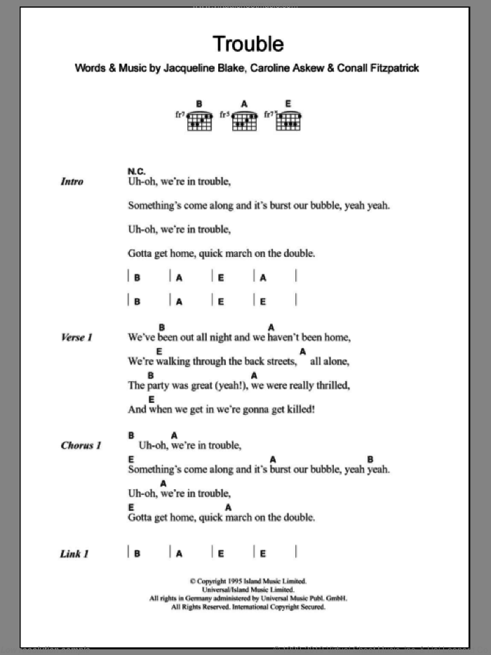 Trouble sheet music for guitar (chords) by Shampoo, Caroline Askew, Conall Fitzpatrick and Jacqueline Blake, intermediate skill level