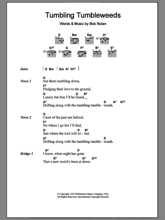 Tumbling Tumbleweeds sheet music for guitar (chords) by The Sons Of Pioneers and Bob Nolan, intermediate skill level