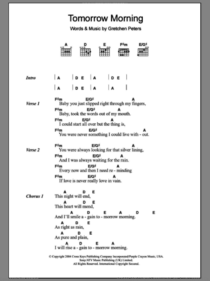 Tomorrow Morning sheet music for guitar (chords) by Gretchen Peters, intermediate skill level
