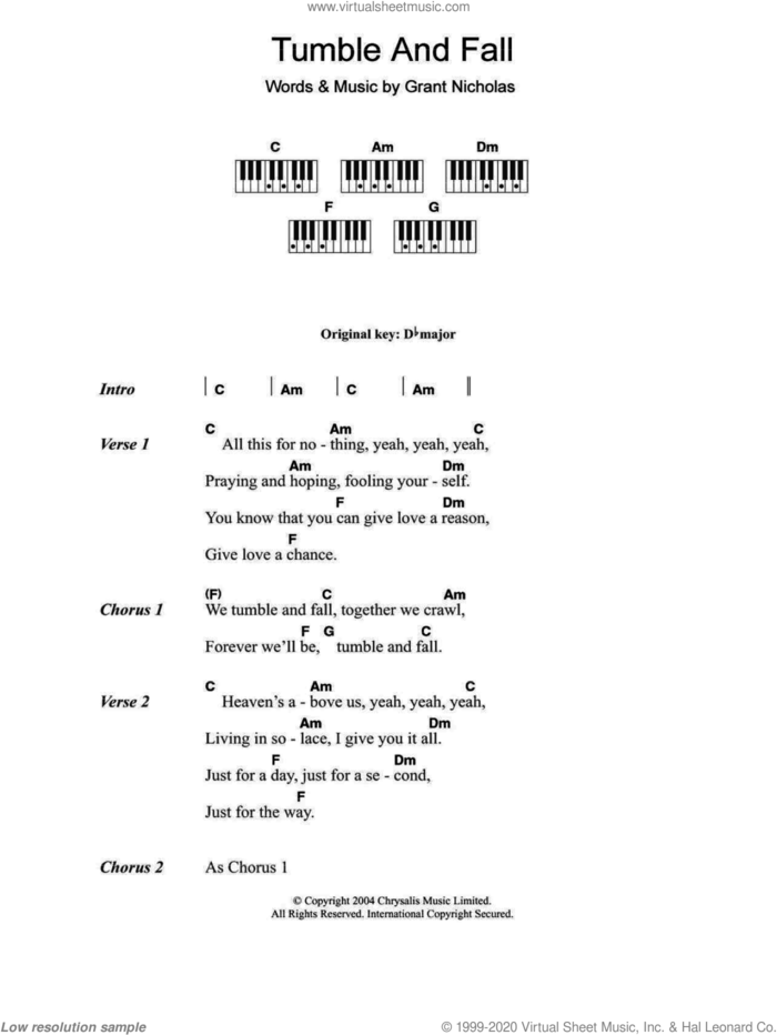 Tumble And Fall sheet music for piano solo (chords, lyrics, melody) by Feeder and Grant Nicholas, intermediate piano (chords, lyrics, melody)