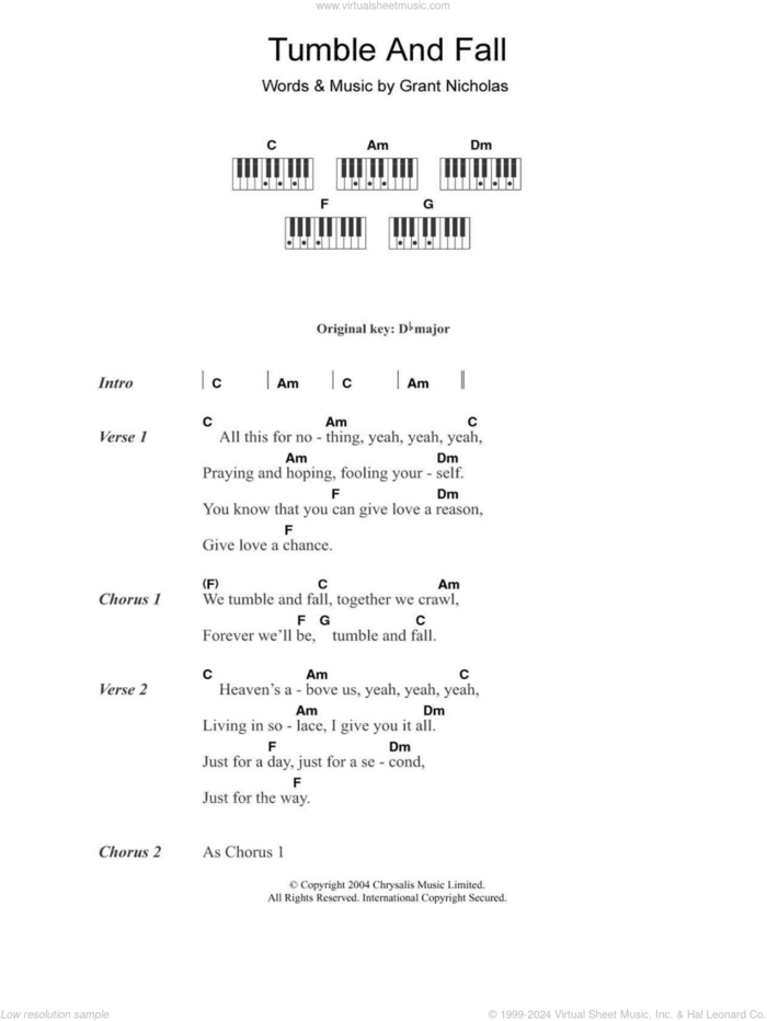 Tumble And Fall sheet music for piano solo (chords, lyrics, melody) by Feeder and Grant Nicholas, intermediate piano (chords, lyrics, melody)