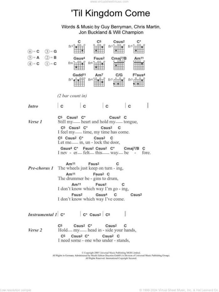 Til Kingdom Come sheet music for guitar (chords) by Coldplay, Chris Martin, Guy Berryman, Jon Buckland and Will Champion, intermediate skill level