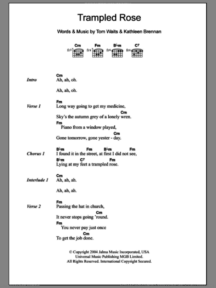 Trampled Rose sheet music for guitar (chords) by Tom Waits and Kathleen Brennan, intermediate skill level