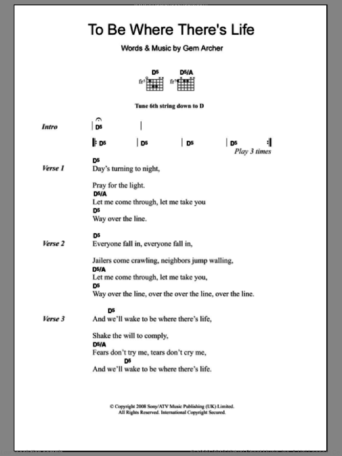 To Be Where There's Life sheet music for guitar (chords) by Oasis and Gem Archer, intermediate skill level