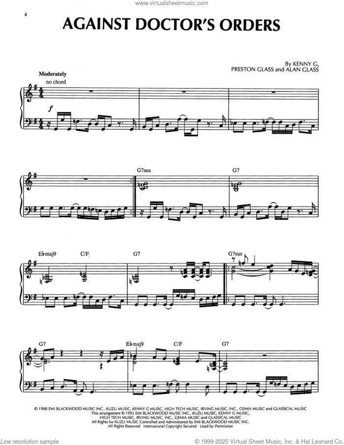 Against Doctor's Orders sheet music for piano solo by Kenny G, Alan Glass and Preston Glass, intermediate skill level