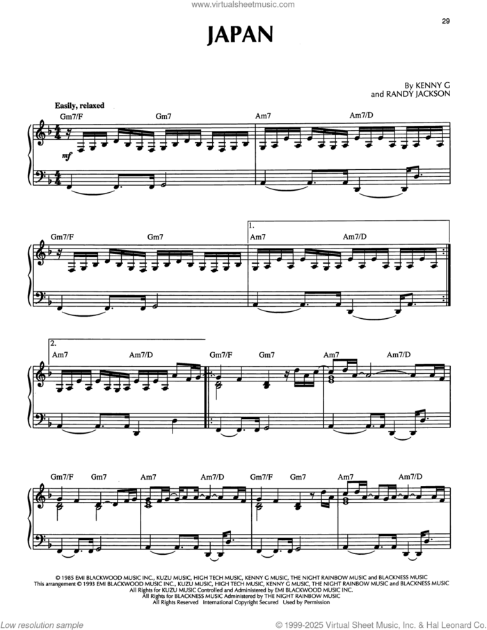 Japan sheet music for piano solo by Kenny G and Randy Jackson, intermediate skill level