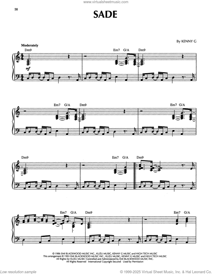 Sade sheet music for piano solo by Kenny G, intermediate skill level