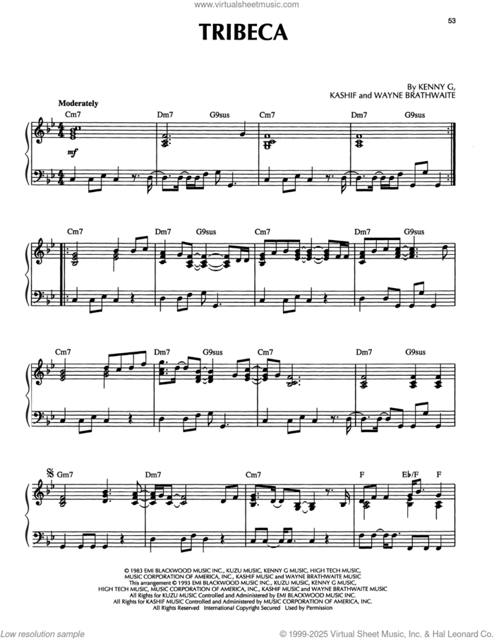 Tribeca sheet music for piano solo by Kenny G, Kashif and Wayne Brathwaite, intermediate skill level