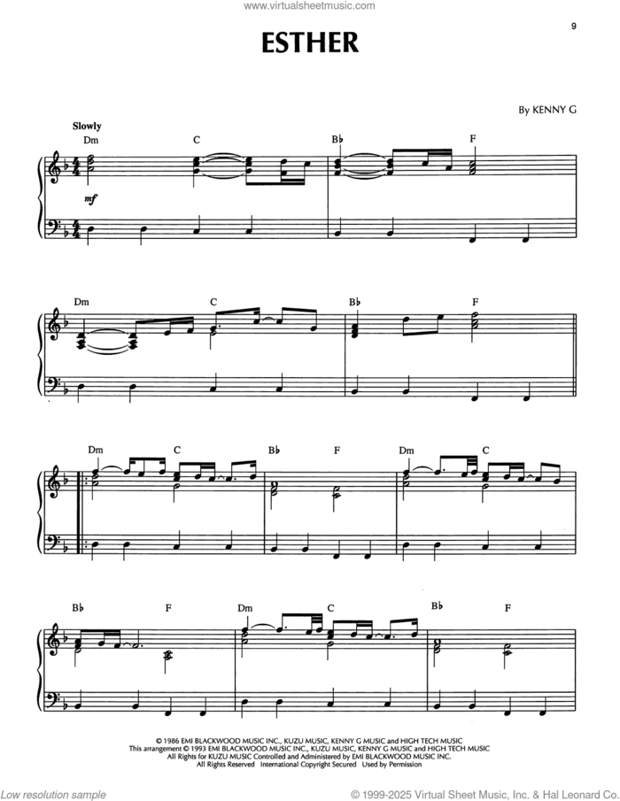 Esther sheet music for piano solo by Kenny G, intermediate skill level