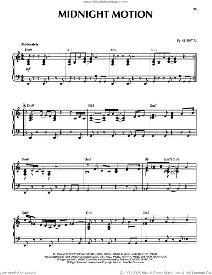 Midnight Motion sheet music for piano solo by Kenny G, intermediate skill level