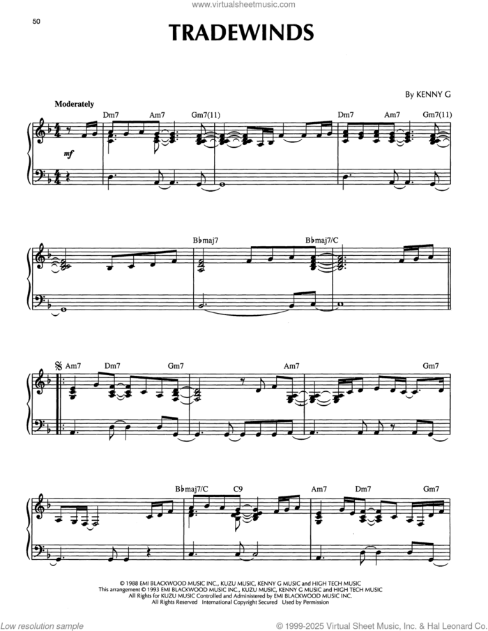 Tradewinds sheet music for piano solo by Kenny G, intermediate skill level