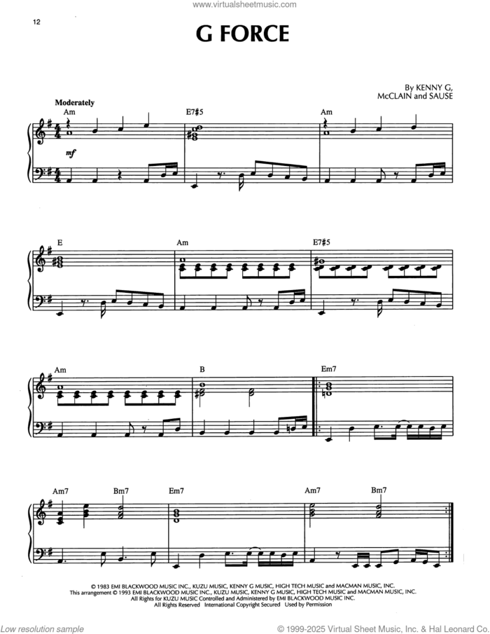 G Force sheet music for piano solo by Kenny G, Mcclain and Sause, intermediate skill level