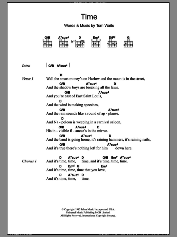 Time sheet music for guitar (chords) by Tom Waits, intermediate skill level