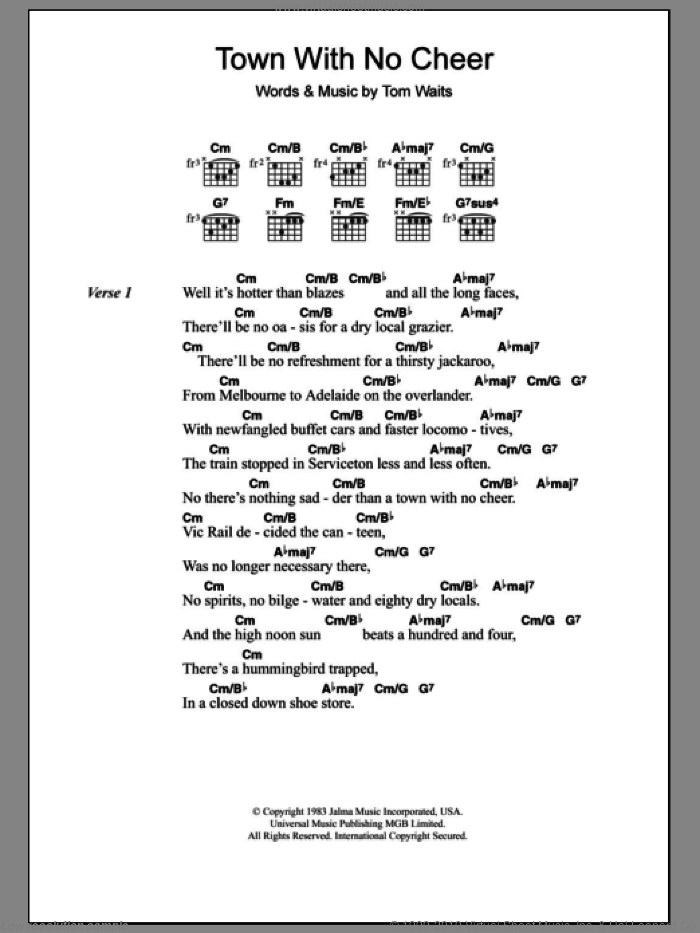 Town With No Cheer sheet music for guitar (chords) by Tom Waits, intermediate skill level
