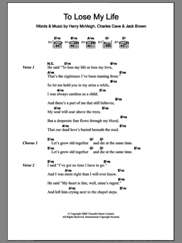 To Lose My Life sheet music for guitar (chords) by White Lies, Charles Cave, Harry McVeigh and Jack Brown, intermediate skill level