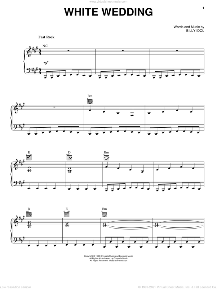 White Wedding sheet music for voice, piano or guitar by Billy Idol, intermediate skill level