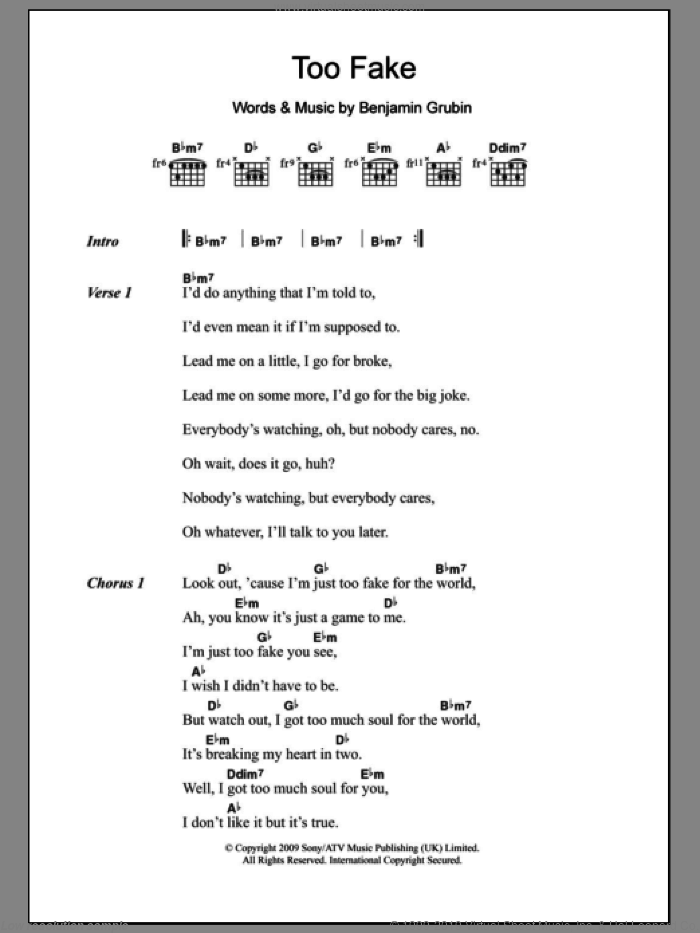 Too Fake sheet music for guitar (chords) by Hockey and Benjamin Grubin, intermediate skill level