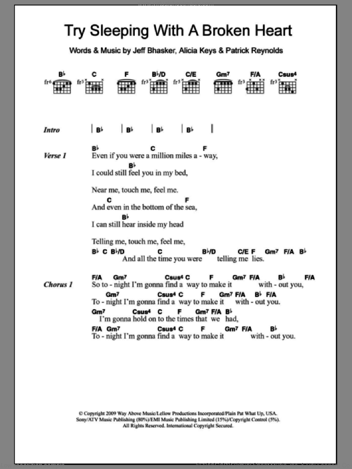 Try Sleeping With A Broken Heart sheet music for guitar (chords) by Alicia Keys, Jeff Bhasker and Patrick Reynolds, intermediate skill level