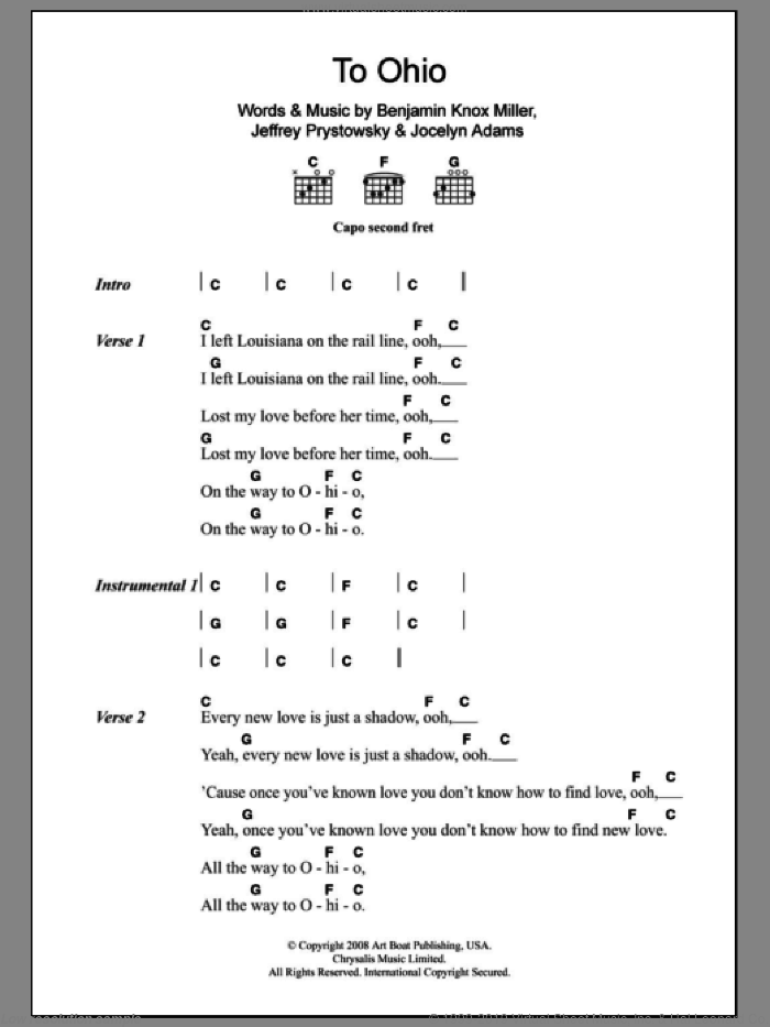 To Ohio sheet music for guitar (chords) by The Low Anthem, Benjamin Knox Miller, Jeffrey Prystowsky and Jocelyn Adams, intermediate skill level