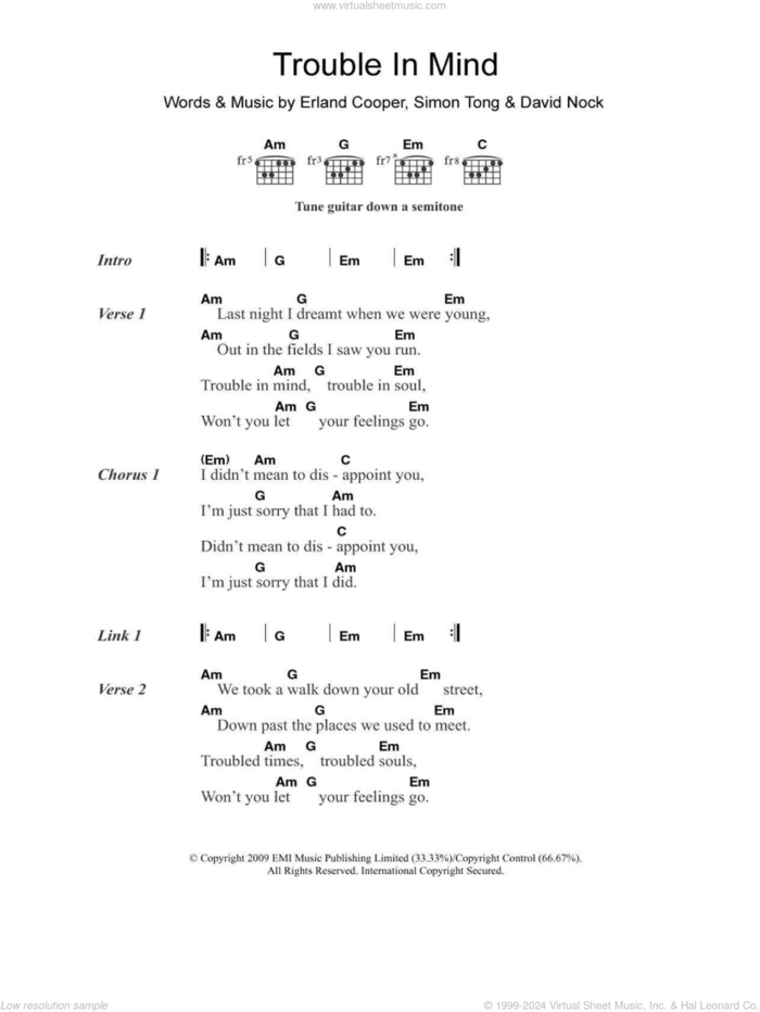 Trouble In Mind sheet music for guitar (chords) by Erland and The Carnival, David Nock, Erland Cooper and Simon Tong, intermediate skill level