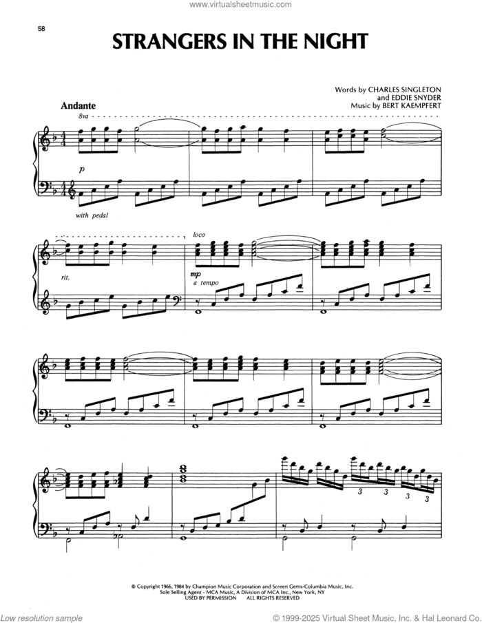 Strangers In The Night sheet music for piano solo by Richard Clayderman, Bert Kaempfert, Charles Singleton and Eddie Snyder, classical score, intermediate skill level