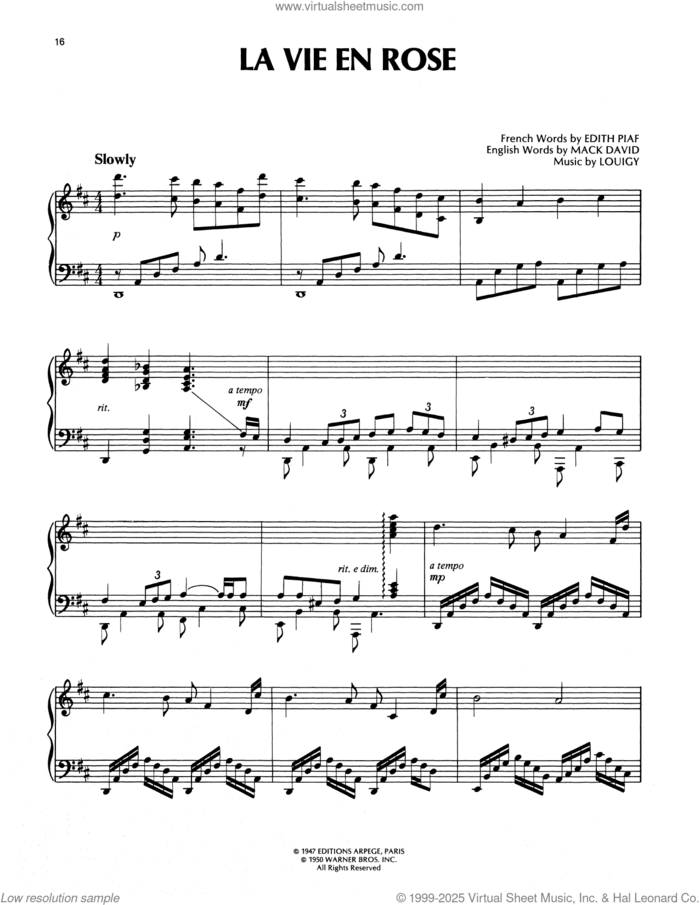 La Vie En Rose (Take Me To Your Heart Again) sheet music for piano solo by Richard Clayderman, Edith Piaf, Mack David and Marcel Louiguy, classical score, intermediate skill level
