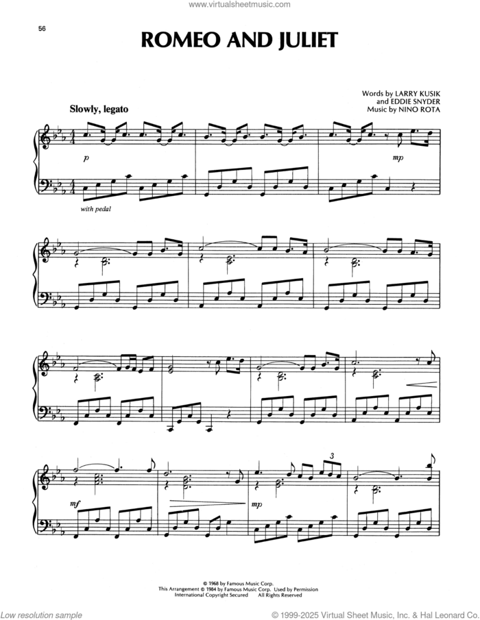 Romeo And Juliet (Love Theme) sheet music for piano solo by Richard Clayderman and Nino Rota, classical score, intermediate skill level