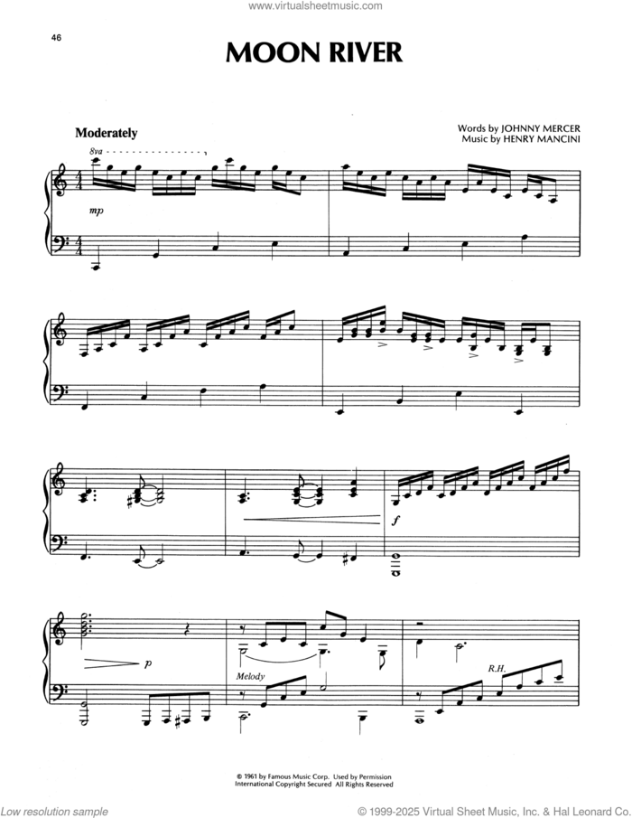 Moon River sheet music for piano solo by Richard Clayderman, Henry Mancini and Johnny Mercer, classical score, intermediate skill level