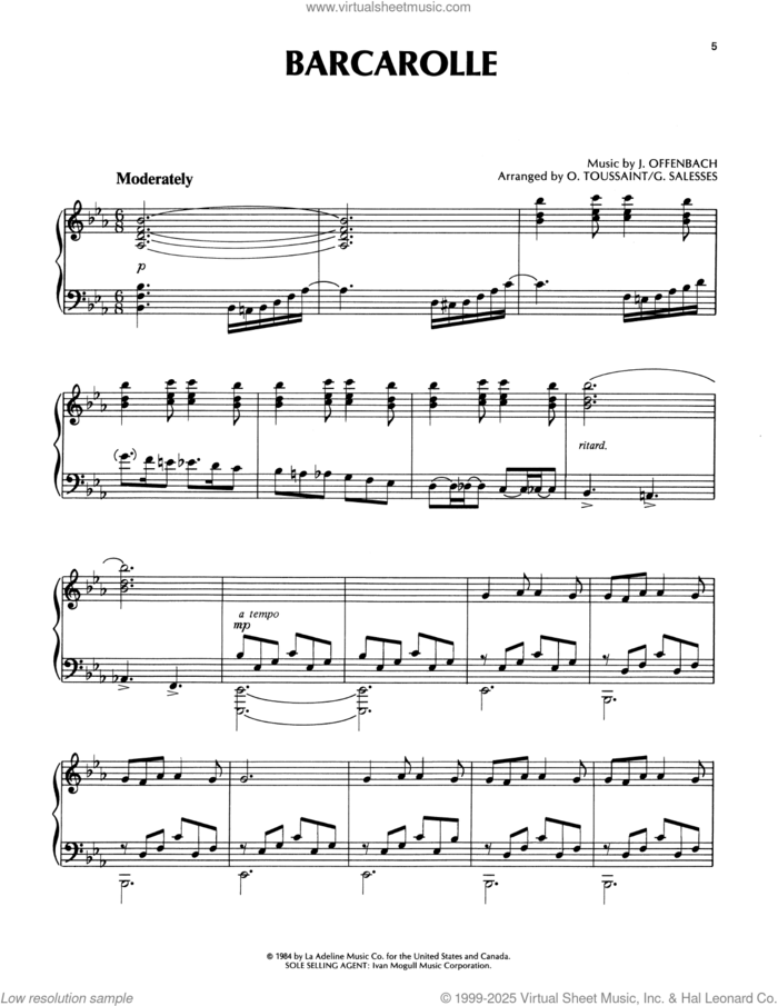 Barcarolle sheet music for piano solo by Richard Clayderman and Jacques Offenbach, classical score, intermediate skill level