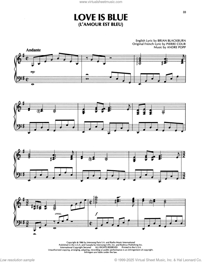 Love Is Blue (L'amour Est Bleu) sheet music for piano solo by Richard Clayderman, Andre Popp, Brian Blackburn and Pierre Cour, classical score, intermediate skill level
