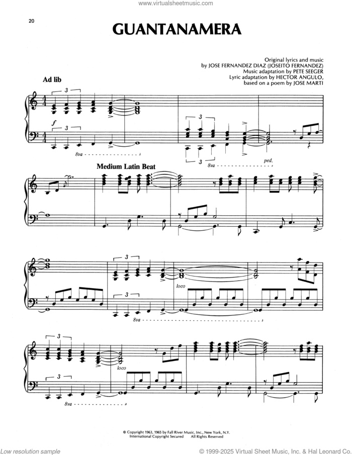 Guantanamera sheet music for piano solo by Richard Clayderman, Hector Angulo, Jose Fernandez Diaz, Julian Orbon and Pete Seeger, classical score, intermediate skill level