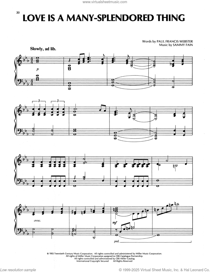 Love Is A Many-Splendored Thing sheet music for piano solo by Richard Clayderman, Paul Francis Webster and Sammy Fain, classical score, intermediate skill level