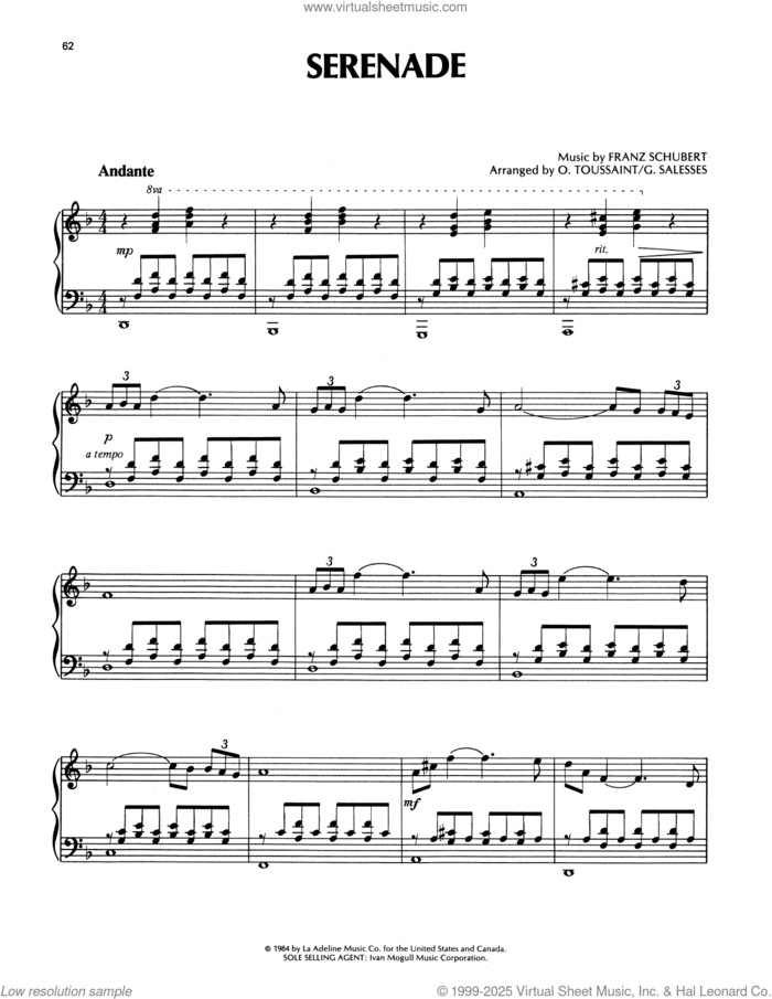 Serenade sheet music for piano solo by Richard Clayderman, classical score, intermediate skill level