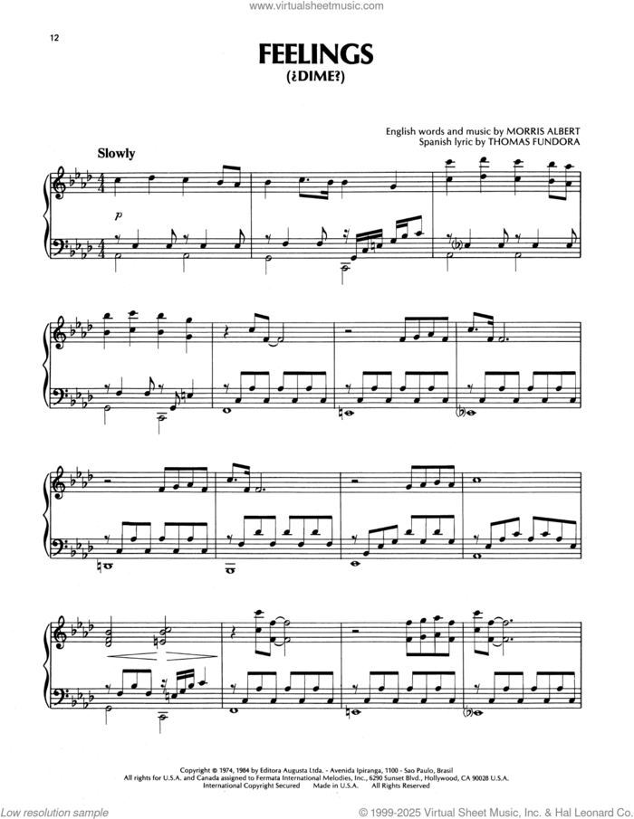 Feelings (Dime) sheet music for piano solo by Richard Clayderman, Louis Gaste, Morris Albert and Thomas Fundora, classical score, intermediate skill level