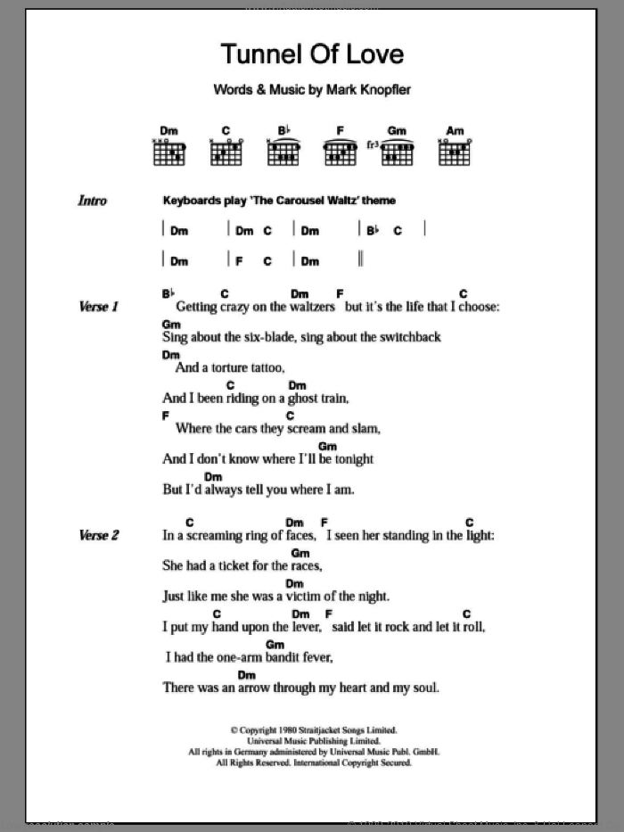 Tunnel Of Love sheet music for guitar (chords) by Dire Straits and Mark Knopfler, intermediate skill level