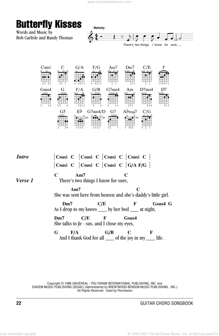 Butterfly Kisses sheet music for guitar (chords) by Bob Carlisle and Randy Thomas, wedding score, intermediate skill level