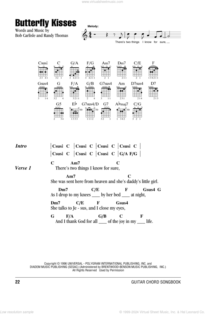 Butterfly Kisses sheet music for guitar (chords) by Bob Carlisle and Randy Thomas, wedding score, intermediate skill level